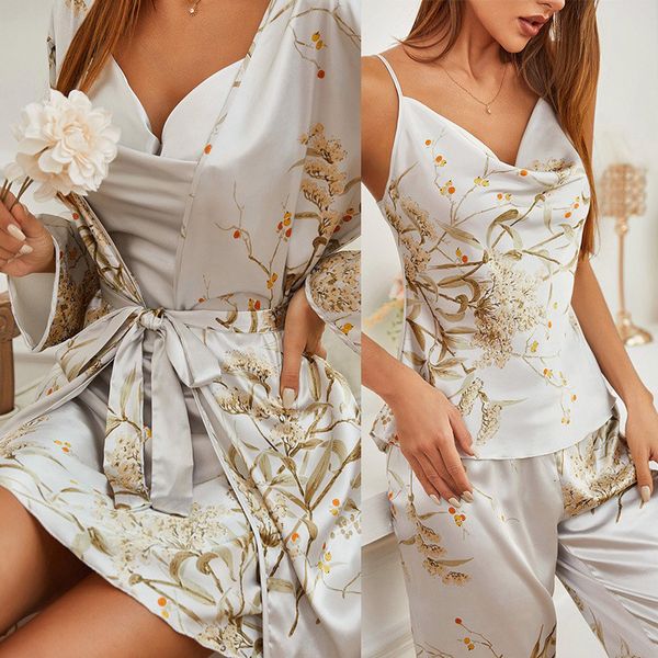 

women's sleepwear four piece pajama set printed cherry pajamas women's satin pajamas with pendants and shorts summer home clothing, Black;red