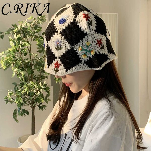 

hbp hand wide brim hats new woven crochet flower bucket hats women autumn cotton yarn soft fisherman hat lady plaid color matching beh hats, Blue;gray