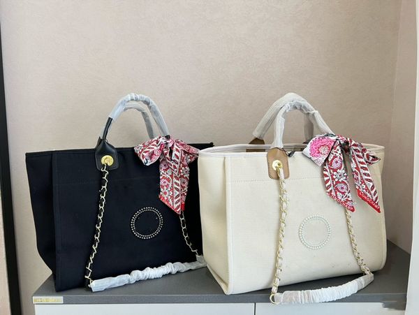 

2023 new pearl canvas luxury beach bags large capacity two colors with beads women's shoulder bag 5a quality