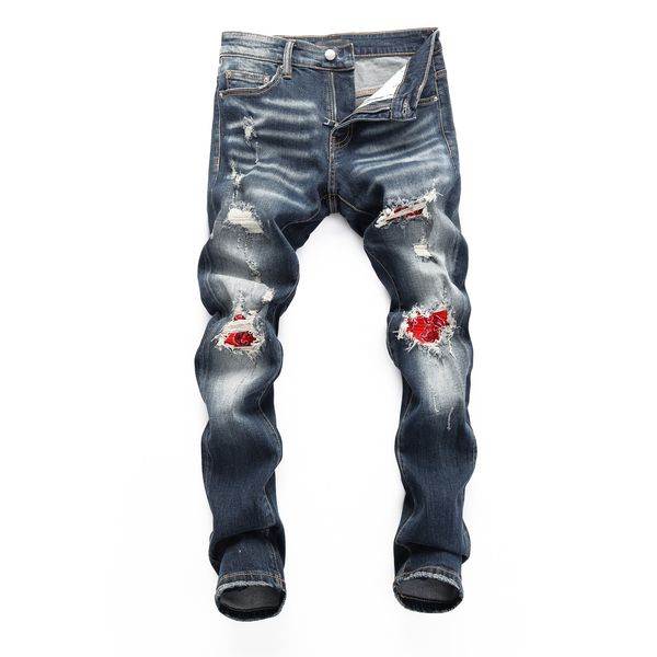 

mens jeans distressed motorcycle biker jean rock skinny slim ripped hole stripe fashionable embroidery denim pants1, Blue