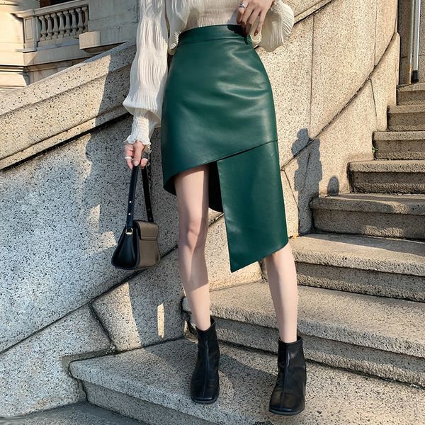 

skirts green irregular leather skirt spring 2023 high waist package hip midi women office lady slim fit soft pu faldas 230330, Black