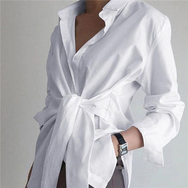 

women's blouses shirts fashion blouses women's long sleeve lapel casual loose shirts spring solid color bandage clothes elegant la, White