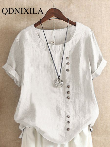 

women's t-shirt summer large casual loose fit cotton linen short sleeve drawn women's t-shirt 230330, White