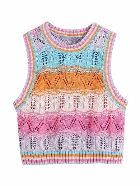 

women's vests women's color matching hollow cardigan short knitted sweater women's sleeveless casual slim fit tank cut knitte, Black;white