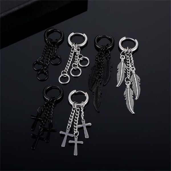 

dangle punk stainless steel cross drop earrings gothic hip hop feather piercing earring men women party halloween jewelry gifts gc2001, Silver