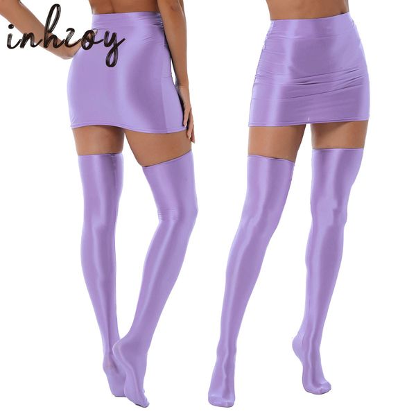 

skirts womens glossy nightclub outfit shiny high waist mini skirt with stockings set rave party cheer booty workout pole dance clubwear 2303, Black