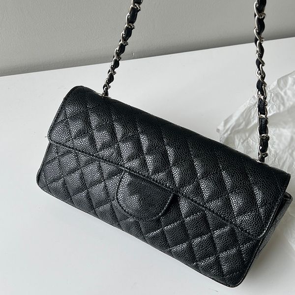

womens vinatge caviar leather baguette bags classic rectangular flap purse silver metal hardware matelasse chain crossbody shoulder handbags
