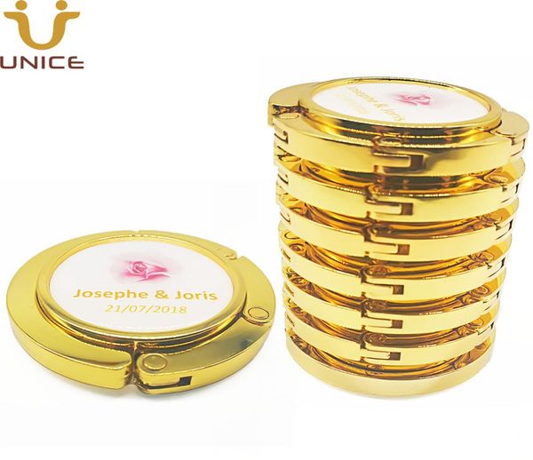 

moq 100 pcs customized logo golden bag hanger without mirror gold color magnetic folding purse hook table handbag holder beauty we8207665