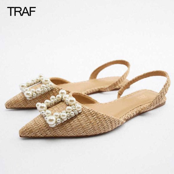 

dress shoes woman flat espadrilles pearl rhinestone spring summer 2022 ladies casual women's slingback low heel 221130, Black