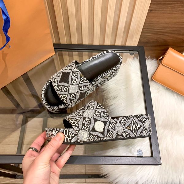 

2023 since 1854 slippers thick bottom monograms jacquard mule designer sandals women emboroidery slides dress shoes wedges beach sliders lux, Black