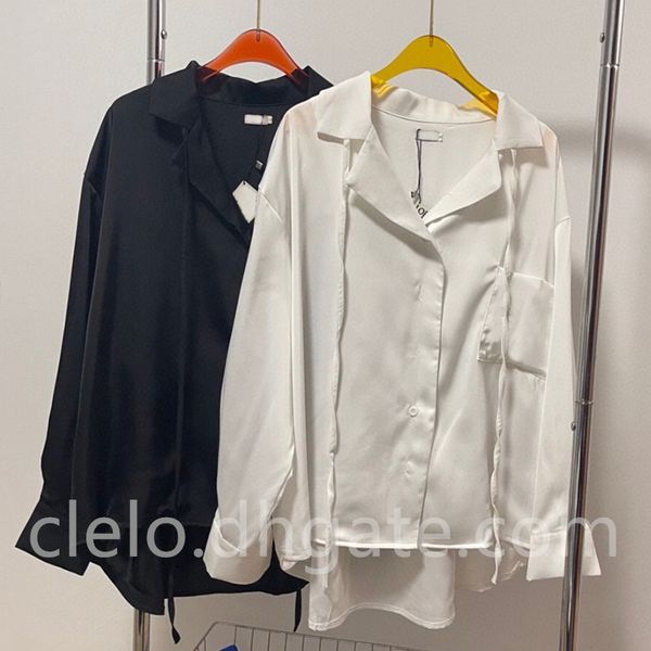 

fashion embroidered logo women's silk shirt with ribbon black white blouse sml