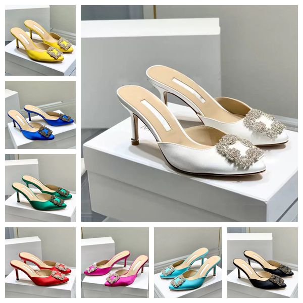 

23s summer brands women designer shoes sandal slipper heeled black satin jewel buckle mules featuring pointed toe crystal embellished front
