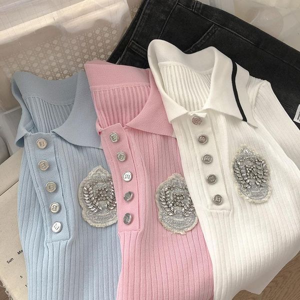 

polos wysokiej jakosci kobiety moda lato slodki sliczny diament preppy dopasowane kolory krotki rekaw lodowy jedwab dzianiny koszulka po, White