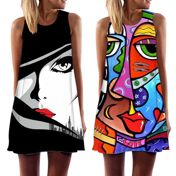 

casual dresses summer women's tank dress abstract face art print o-neck sleeveless mini dress casual loose sweet a-line sundress vesido, Black;gray
