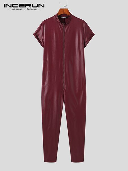 

men's jeans fashion jumpsuits solid stand collar short sleeve zipper pu leather rompers 2023 streetwear fitness overalls incerun 5xl 23, Blue