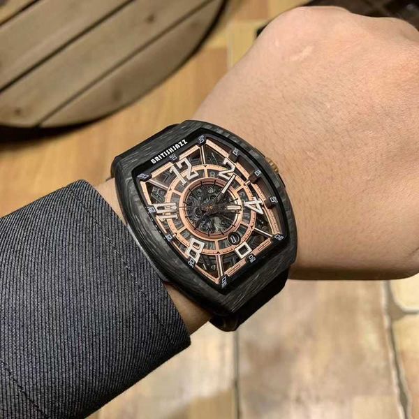 

milles watch barrel shaped watch men's black technology personality domineering large dial waterproof fully automatic hollow carbon bra, Slivery;golden