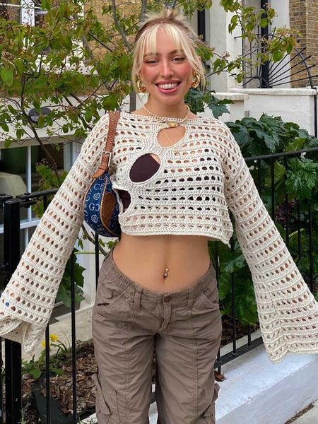 

mesh net hollow out cropped knit smock women y2k vintage loose distressed crochet pullovers casual fairycore chic streetwear p230331, Black