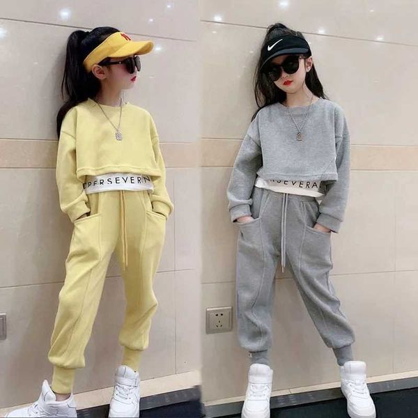 

2022 teenager gray girls sport suit teenager spring clothes long sleeve hoodied pants casual 6 7 8 9 10 11 12 years child p230331, White