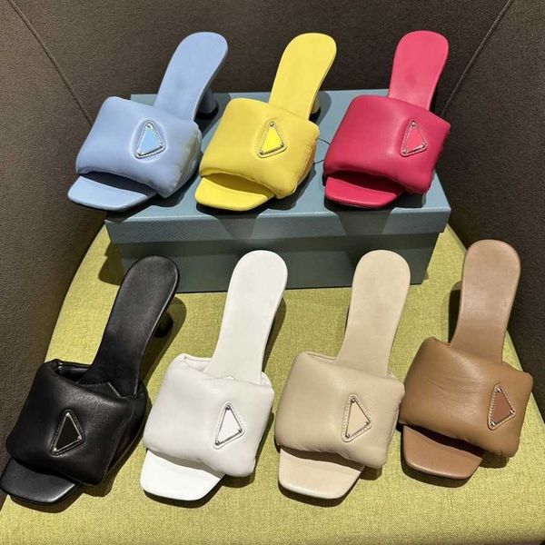 

embellished pillow soft padded nappa leather slippers kitten heel slides summer women sandal high heels pumps platform mule slides triangle, Black