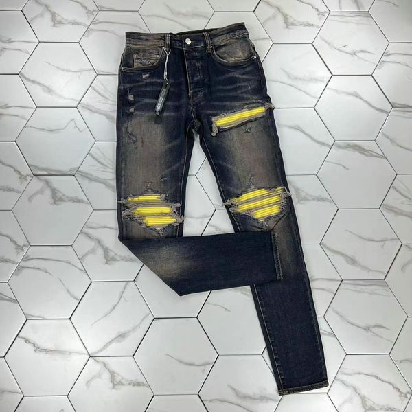 

hm615 mens jeans slim jeans distressed denim white designer leather pants with holes letters torn tattered knee ripped for man skinny straig, Blue