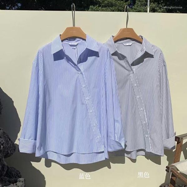 

fancy woman women's blouses irregular striped spliced women elegant korean fashion single breasted femme shirts loose turn-down collar, White