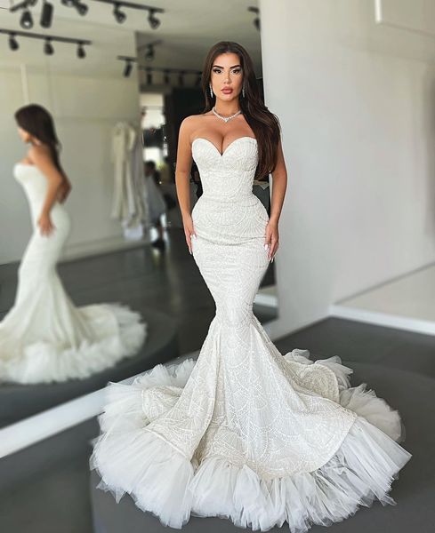 

sweetheart mermaid wedding dresses for bride sleeveless lace wedding dress backless bridal gowns, White