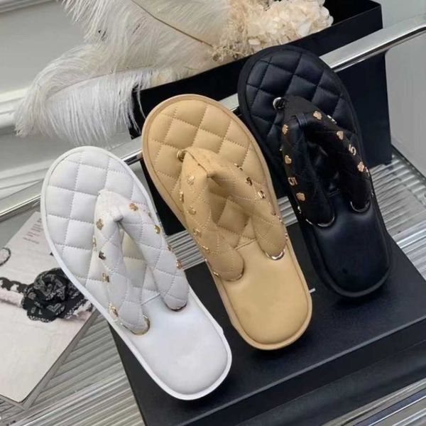 

23s black beige quilted charms slippers women paris padded pool sandal gold slides logo platform mules thick bottom thong flip flops beach p