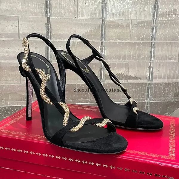 

rene caovilla rhinestones serpentine winding stilletto heels sandals slides slippers heeled shoes women's luxury leather outsole evenin, Black