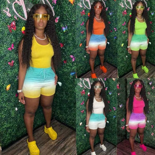 

designer women's pant spring summer new fashion sports set racerback tank gradient shorts two piece set women's summer s -3xl, White