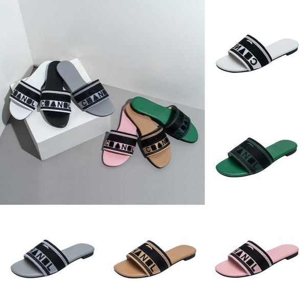 

slippers female outside wear 2023 new flat heel leather flip-flops c home alphabet nel embroidered jacquard slippers summer beach famous san, Black