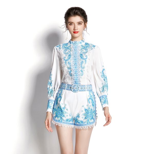 

2023 baroque floral summer designer outfits short pants two piece sets women graceful print shirt and shorts vacation outfit long sleeve off, White