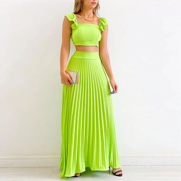 

two piece dress summer casual two piece set for women sleeveless solid color with long skirt set elegant sweet dress suit femal 230331, White