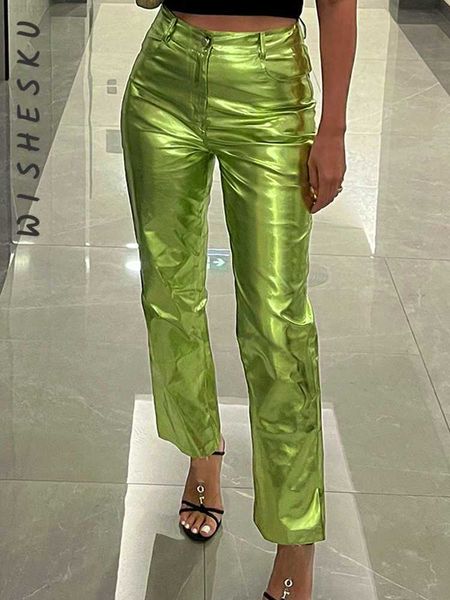 

women fashion metallic straight-leg pants sparkling elastic waist trousers streetwear clubwear costumes 2023 spring fall, Black;white