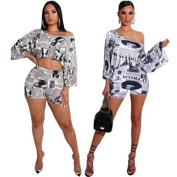 

womens newspaper suit pant shorts drop shoulder two piece printed loose sexy, White
