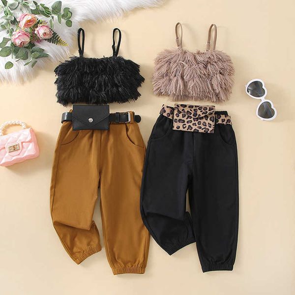 

1-6y fashion summer children kids girls clothes sets fluffy fur sleeveless strap tank withlong pants with waist bag outfits p230331, White