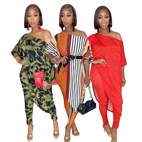 

womens short sleeved suit striped pants camouflage printed two piece summer, White