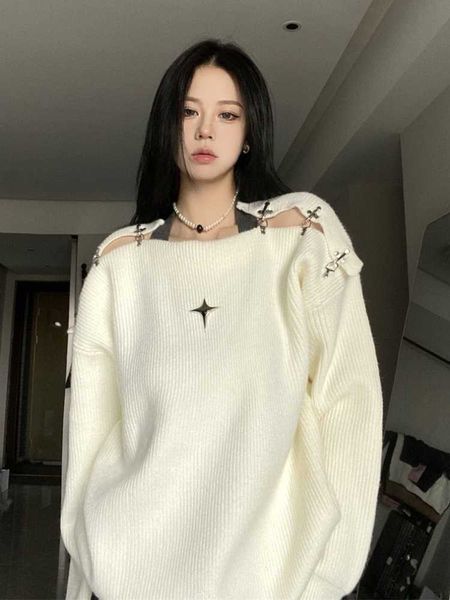 

deeptown korean fashion solid knitted sweaters women y2k streetwear metal buckle loose pullover long sleeve kpop female new p230331, Black