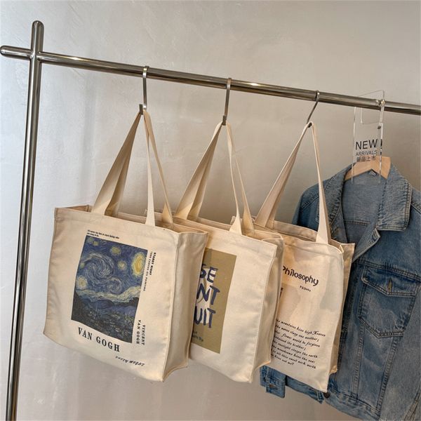 

shopping bags retro literary art canvas blue letter handbag van gogh large capacity women's ecofriendly foldable tote 230331