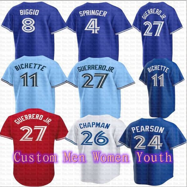 

2023 custom baseball jersey 27 vladimir guerrero jr. 11 bo bichette 26 matt chapman 8 cavan biggio 30 alejandro kirk lourdes gurriel jr. geo, Blue;black
