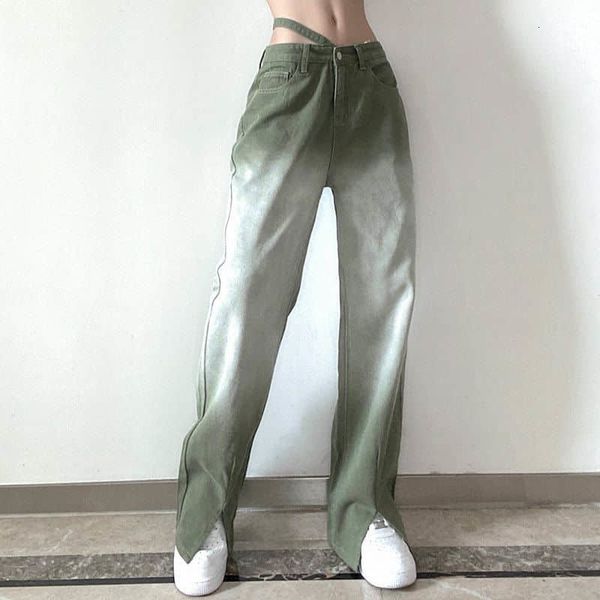 

women's jeans gradient denim pant wide leg pants casual straight jean streetwear pockets vintage full length low waist 230331, Blue