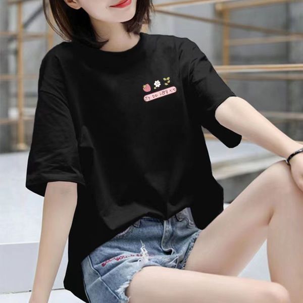 

summer cotton short sleeve t-shirt women's printed loose versatile top, White;black