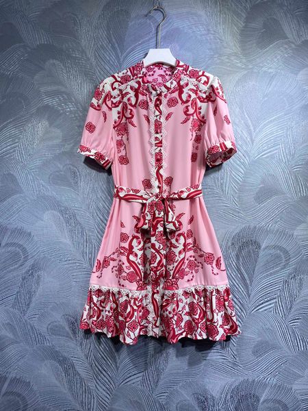 

waistband printed dress large hemline fashion stand neck short sleeve waistband slim fit long dress, Black;gray