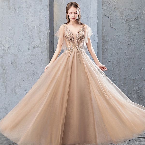 

2023 luxury bridesmaid dresses a-line appliques bead v-neck backless khaki elegant wedding party banquet evening prom gowns, White;pink