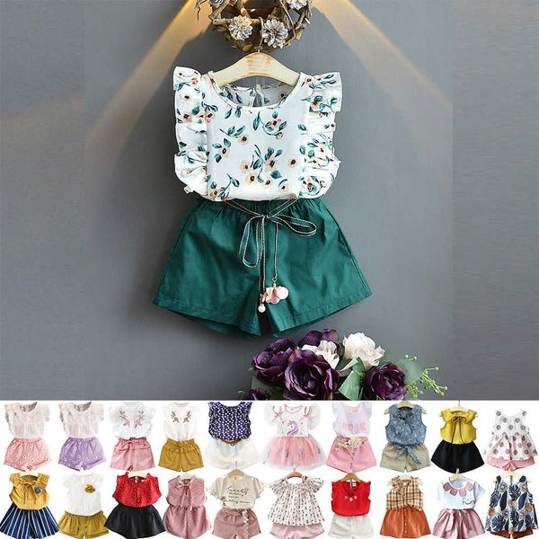 

baby girl flutter sleeve floral ithskort set toddler summer casual soft dot tee shorts kids chiffon t shirt pants clothing suit p230331, White