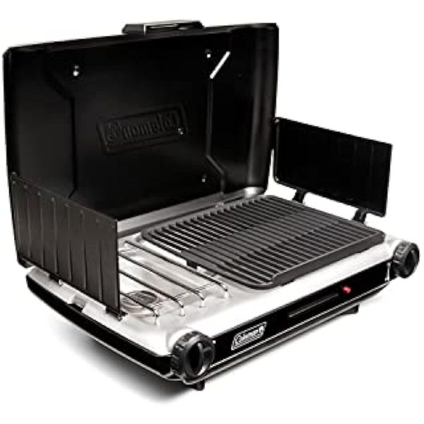 

gas camping grill/stove | classic tablepropane 2-in-1 grill/stove 2 burner compass