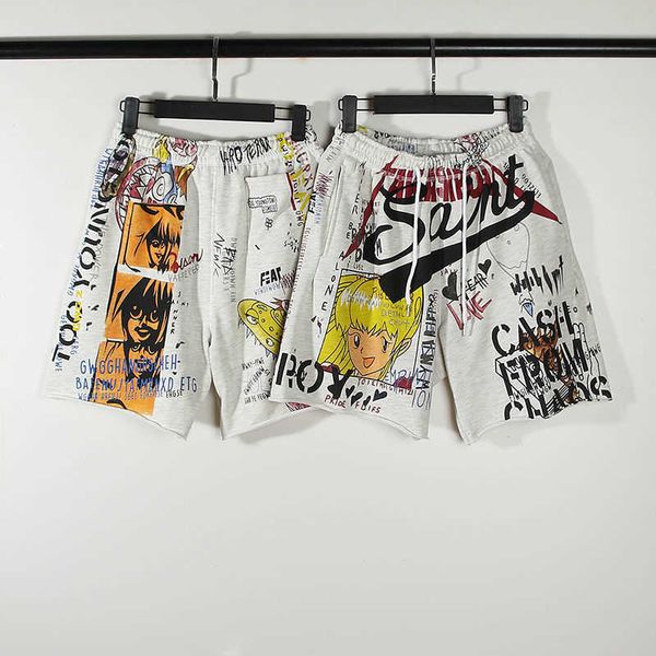 

high street saint michael comic cartoon graffiti handpainted vintage loose relaxed shorts guard pants, Black