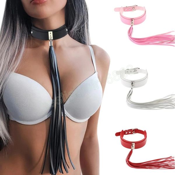 

punk black leather long tassel choker necklace for women girls vintage statement necklace torques jewelry, Golden;silver