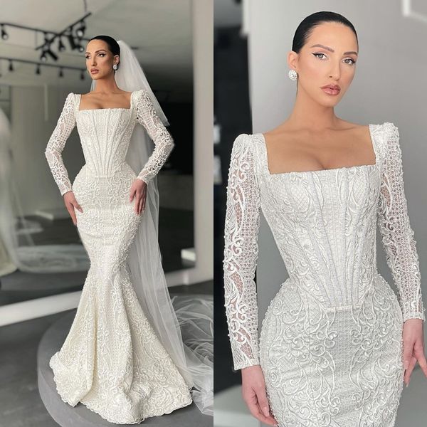 

long sleeves mermaid wedding dresses for bride square neck floor length lace wedding dress bridal gowns, White