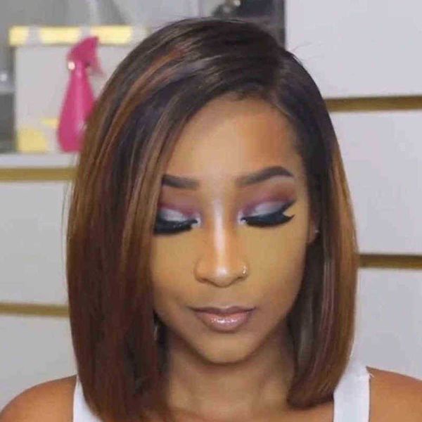 

wig women's medium split short hair black brown gradient curl set 220816