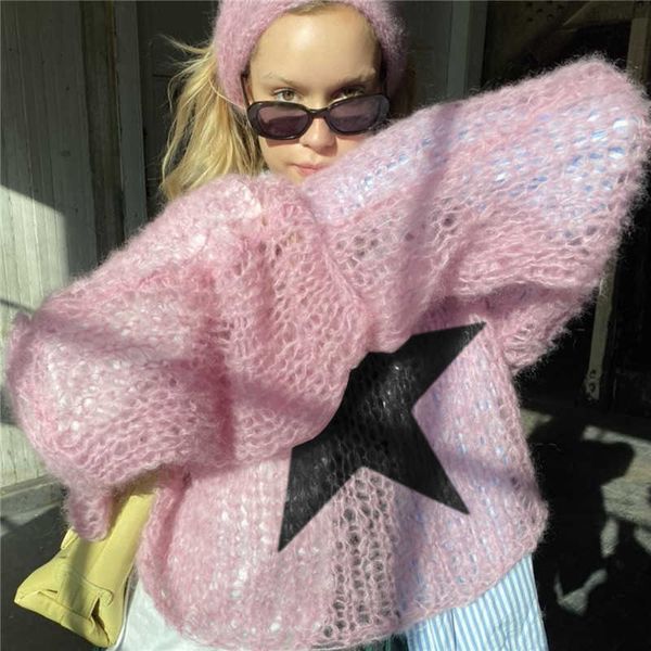 

women's hoodies sweatshirts y2k women casual loose knitted sweater pentagram pattern long sleeve o neck hollow pullover autumn winter j, Black